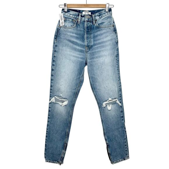 Re/Done Super High Drainpipe Jeans Womens Size 25 Distressed Zipper Ankle Skinny